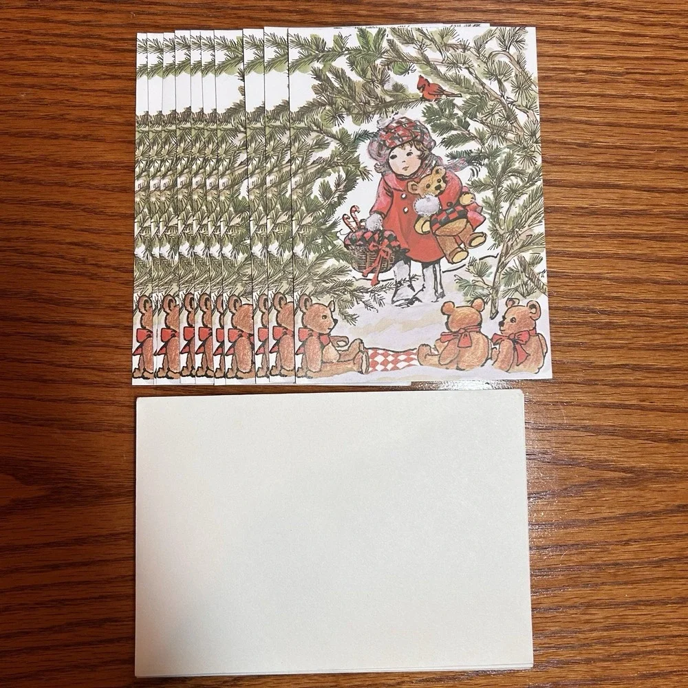 VTG 10 Christmas Cards Carol Watson Little Girl Teddy Bear Treats Xmas Holiday